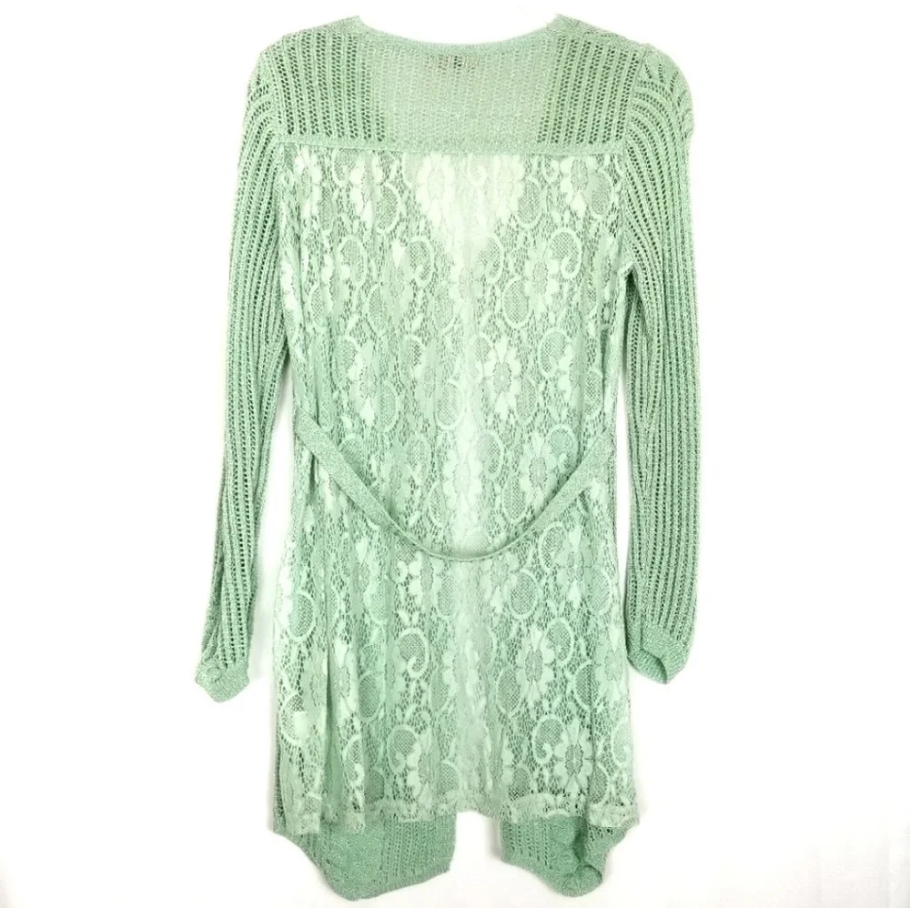 SELIS Mint Metallic Knit and Lace Cardigan